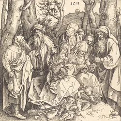 Den hellige familie med to musikkskapende engler, 1511.