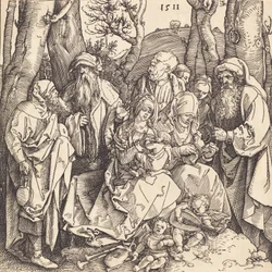 Den hellige familie med to musikkskapende engler, 1511.