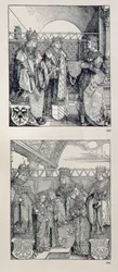 Triumfbuen til keiser Maximilian I (1459-1519): detalj som viser to paneler plassert over venstre portal som viser hendelser i livet til keiser Maximilian, pub. 151728