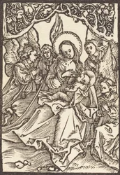 Jomfruen som ammer Kristusbarnet med fire engler, ca. 1500.