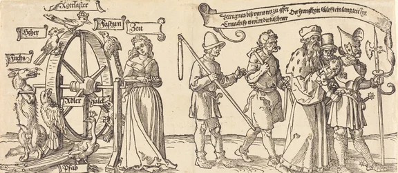 Tid og en rev som snur lykkehjulet med folk i alle rangerer til høyre, sannsynligvis 1526.