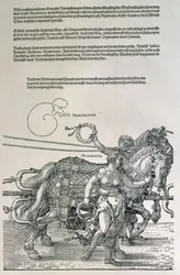 Triumfvogn av keiser Maximilian I av Tyskland (1459-1519): detalj av hestelagene, guidet av to dyder, Providence and Moderation, pub. ca. 1518 (tresnitt)