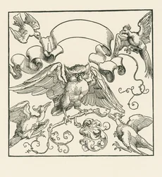 En ugle angrepet av fire andre fugler, ca. 1515 (tresnitt)