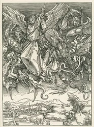 Erkeengelen Mikael som kjemper mot dragen. Johannes#39; åpenbaring, ca. 1498 (tresnitt)