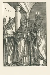 Biskop Sankt Nikolaus, helgenene Ulrich og Erasmus, ca. 1505 (tresnitt)