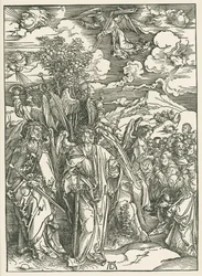 Fire engler som holder vindene tilbake og signeringen av de utvalgte. Johannes#39; åpenbaring, ca. 1497–98 (tresnitt)