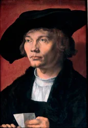 Portrett av Bernhard von Reesen, kunstsamler ne en 1490 - Portrett av Bernhard von Reesen - Maleri av Albrecht Durer (1471-1528) Olje på tre 1521 (45,5x31,5 cm) - Statens kunstgalleri, Dresden