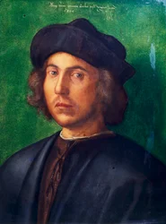 Portrait of Young Man av Albrecht Durer (1471-1528), olje på panel, 47x35 cm