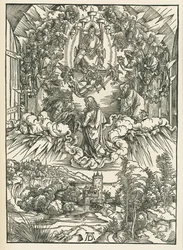 Sankt Johannes foran Gud og de tjuefire eldste i himmelen. Johannes#39; åpenbaring, ca. 1496 (tresnitt)