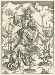 Sankt Johannes#39; syn av Kristus og de syv lysestakene. Åpenbaringen av Sankt Johannes den Guddommelige, ca. 1496–98 (tresnitt)