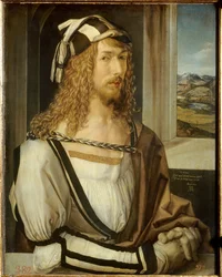 Selvportrettmaleri av Albrecht Durer (1471-1528) 1498 Søn. 0,52x0,41m. Madrid Prado-museet