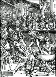 St. Johannes evangelisten blir torturert i et kar med kokende olje, fra 'Apocalypse'-serien