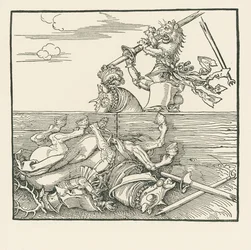 Utenlandsturneringen. Maximilian har løftet motstanderen Jacop de Heri ut av salen, ca. 1517–18 (tresnitt)