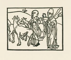 Presten i sine klesplagg driver ut kveg og foran ham går tjenestepiken, ca. 1489–90 (tresnitt)
