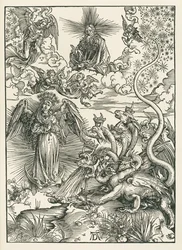Kvinnen kledd i solen og den syvhodede dragen. Johannes#39; åpenbaring, ca. 1497 (tresnitt)