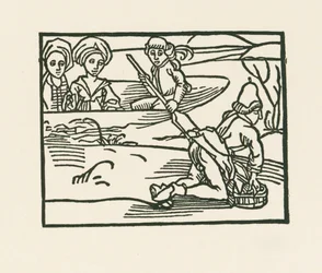 Hertuginnen er i en båt på vannet der presten vasker undertøyet sitt, ca. 1489–90 (tresnitt)