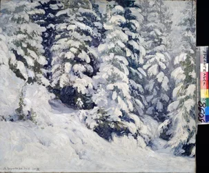 Skog om vinteren. Maleri av Alexander Alexeyevich Borisov (1866-1934). Olje på lerret, 78 x 90 cm