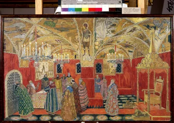 I Kreml. Forberedende tegning til operaen Boris Godunov av Modeste Mussorgsky (1839-1881) (I Kreml. Scenografi til operaen Boris Godunov av M. Mussorgsky). Verk av Alexander Yakovlevich Golovin (Alexander Golovin) (1863-1930), akvarell og
