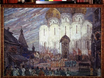Forberedende dekor for operaen ""Boris Godunov"" av Modeste Mussorgsky (1839-1881) (Scenedesign for operaen Boris Godunov, av M. Moussorgsky). Verk av Alexander Yakovlevich Golovin (Alexander Golovin) (1863-1930), gouache på papp