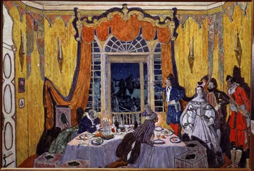 Forberedende dekor for operaen ""Le guest de pierre"" av Alexandre Dargomyjski (1813-1869) (Scenedesign for operaen Steingjesten, av A. Dargomyzhsky). Maleri av Alexander Yakovlevich Golovin (Alexander Golovin) (1863-1930), olje på tre
