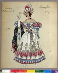 Kostymedesign for skuespillet le bal masque av Mikhail Lermontov (1814-1841) (Kostumedesign for stykket Maskeraden av M.Lermontov). Verk av Alexander Yakovlevich Golovin (Alexander Golovin) (1863-1930), akvarell, gouache, blekk og blyant på pa