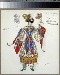 Kostymedesign for skuespillet le bal masque av Mikhail Lermontov (1814-1841) (Kostumedesign for stykket Maskeraden av M.Lermontov). Verk av Alexander Yakovlevich Golovin (Alexander Golovin) (1863-1930), akvarell, gouache, blekk og blyant på pa