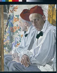 Portrett av showprodusenten Vsevolod Meyerhold (1874-1940). Verk av Alexander Golovin (Alexander Golovin) (1863-1930), tempera på panel