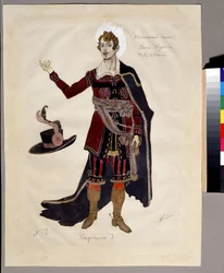 Kostymedesign for operaen ""Le guest de pierre"" av Alexandre Dargomyjski (1813-1869) (Kostumedesign for operaen Steingjesten av A.Dargomyzhsky). Verk av Alexander Yakovlevich Golovin (Alexander Golovin) (1863-1930); Akvarell, gouache og f.eks