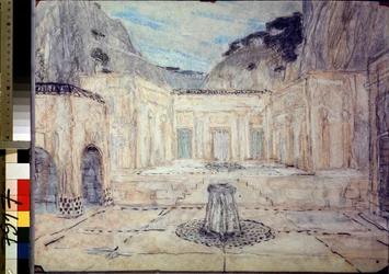 Scenografi for tragedien Antigone etter Sofokles (496 f.Kr.-406 f.Kr.) (Scenedesign for tragedien Antigone etter Sofokles). Et offentlig torg omgitt av antikke bygninger, i et fjellandskap. Alexanders arbeid