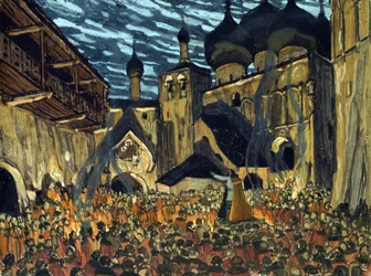 Scenedesign for operaen Maid of Pskov av N. Rimsky-Korsakov - Golovin, Alexander Yakovlevich (1863-1930) - 1901 - Tempera på papp - 39x52 - Privat samling