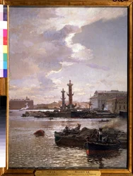 Aksjemarkedet i St Petersburg. Maleri av Alexander Karlovich Beggrov (1841-1914). Olje på lerret, 80 x 58 cm