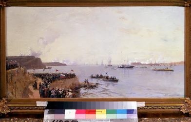 Ankomst av keiser Alexander III av Russland (1845-1894) i Sebastopol (Ankomst av keiser Alexander III i Sevastopol). Maleri av Alexander Karlovich Beggrov (1841-1914). Olje på lerret, 40 x 85 cm