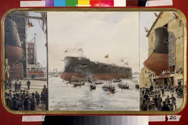 Lanseringen av Battlecruiser Pamiat Azova. Maleri av Alexander Karlovich Beggrov (1841-1914). Akvarell og blekk på papir, 33 x 60 cm