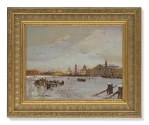 Utsikt over den frosne Neva, Rostral-søylene, St. Isak-katedralen og Admiralitetet, St. Petersburg