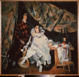 Cyrano sjongleringsbrødrene. (i Pjerrot og Harlekin-drakt). Maleri av Alexander Vasilyevich Shevchenko (Alexander Shevchenko) (1883-1948), olje på lerret