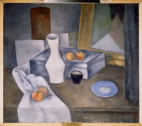 Stilleben med epler og blå tallerken (Stilleben med epler og blå tallerken) - Verk av Alexander Vasilyevich Shevchenko (Alexander Chevtchenko) (1883-1948), olje på papp, cirka 1910 - russisk kunst, 1900-tallet, avantgarde - statsrussisk Museum, S