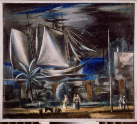 Port marin, la nuit (Et høyt skip fortøyer ved Svartehavet) - Havn om natten - Maleri av Alexander Vasilyevich Shevchenko (Alexander Shevchenko) (1883-1948), olje på lerret