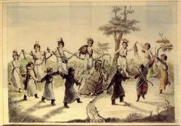 Allegori over årets tolv måneder. (Allegori om årets tolv måneder). Tolv karakterer (barn, kvinne, mann), hver kjennetegnet ved et symbolsk tilbehør eller en detalj av kostymet hans, sirkler rundt en gammel mann med en krone,