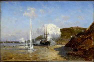 Handlingen til Nikolai Skrydlov (1844-1918) på Donau av Alexei Petrovich Bogolyubov (Bogoliubov eller Bogolioubov) (1824-1896)