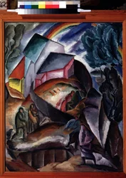 Regnbue. Fjelllandskap med en landsby og figurer, overbygd av en regnbue. Maleri av Alexei Ilyich Kravchenko (1889-1940), olje på lerret, rundt 1920. Russisk avantgarde, tidlig 1900-talls landskap. Statens Tretyakov-galleri,