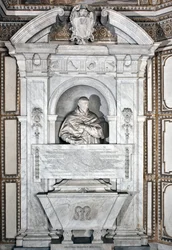 Begravelsesmonument til hyllest til kardinal Giovanni Garcia Mellini med portrett i byste Marmorskulptur av Alesssandro Algardi (1598-1654) 1630 rundt Roma-basilikaen Santa Maria del Popolo, Cappella Mellini