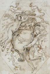 To Putti som støtter en kardinalhatt og et skjold med armene til Camillo Pamphili: Design for en stukkaturdekorasjon,