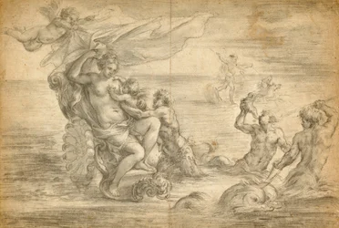 Venus sittende i sin sjøvogn diende Cupido