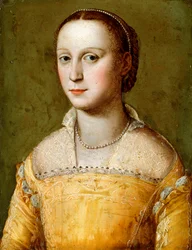 Portrett av Eleanora d"Este, halvlang, iført en gullkjole,