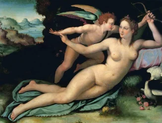 Venus og Amor av Allori, Alessandro (1535-1607). Olje på tre, Dimensjon: 29x38. Uffizi-galleriet, Firenze