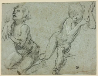 Skisser av to putti, den ene holder den døde Kristus i hånden (rekto); overkropp og ben av knelende figur (verso)