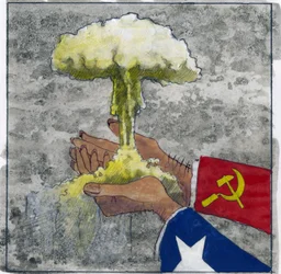 Allegorisk fremstilling av den kalde krigen som amerikanske og sovjetiske hender som holder atomskyen, illustrasjon av Alessandro Lonati