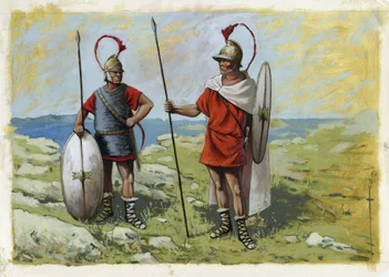 Antikkens Hellas: tureophore leiesoldat (Thureophoros eller Thureophoroi) (3.-1. århundre f.Kr.) (høyre) og Thorakites (Thorakitai) (venstre). Tegning av Alessandro Lonati