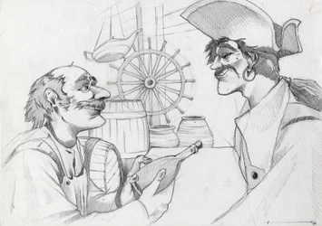 Caraibes pirat på et vertshus med en flaske. Tegning av Alessandro Lonati.