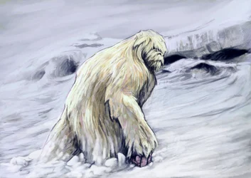 Fantastiske monstre og skapninger, kryptozoologi: framstilling av en yeti eller «avskyelig snømann», en antropomorf skapning fra folketroen i Himalaya-regionen (Yeti eller Den Avskyelige Snømannen er en apelignende kryptid som sies å bo i